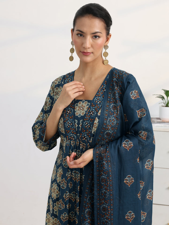 Blue Floral Printed Cotton Blend A-Line Suit Set With Dupatta