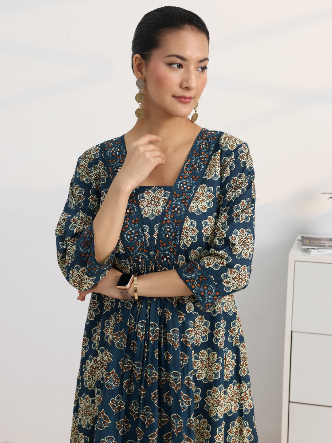 Blue Floral Printed Cotton Blend A-Line Suit Set With Dupatta