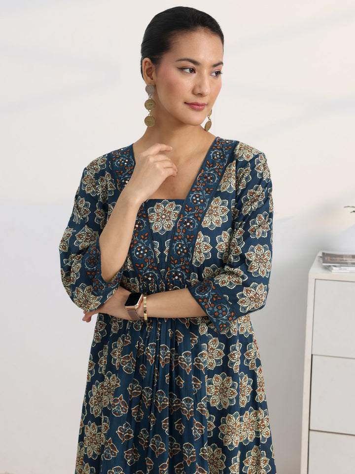 Blue Floral Printed Cotton Blend A-Line Suit Set With Dupatta