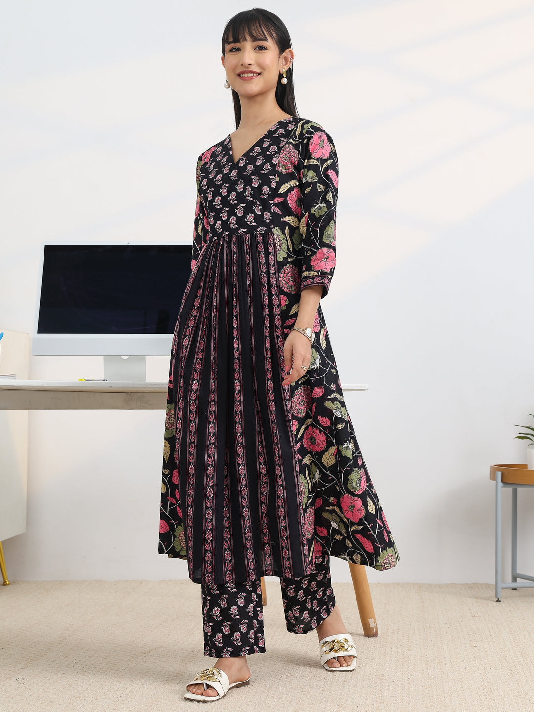 Black Printed Cotton Blend A-Line Suit Set With Dupatta