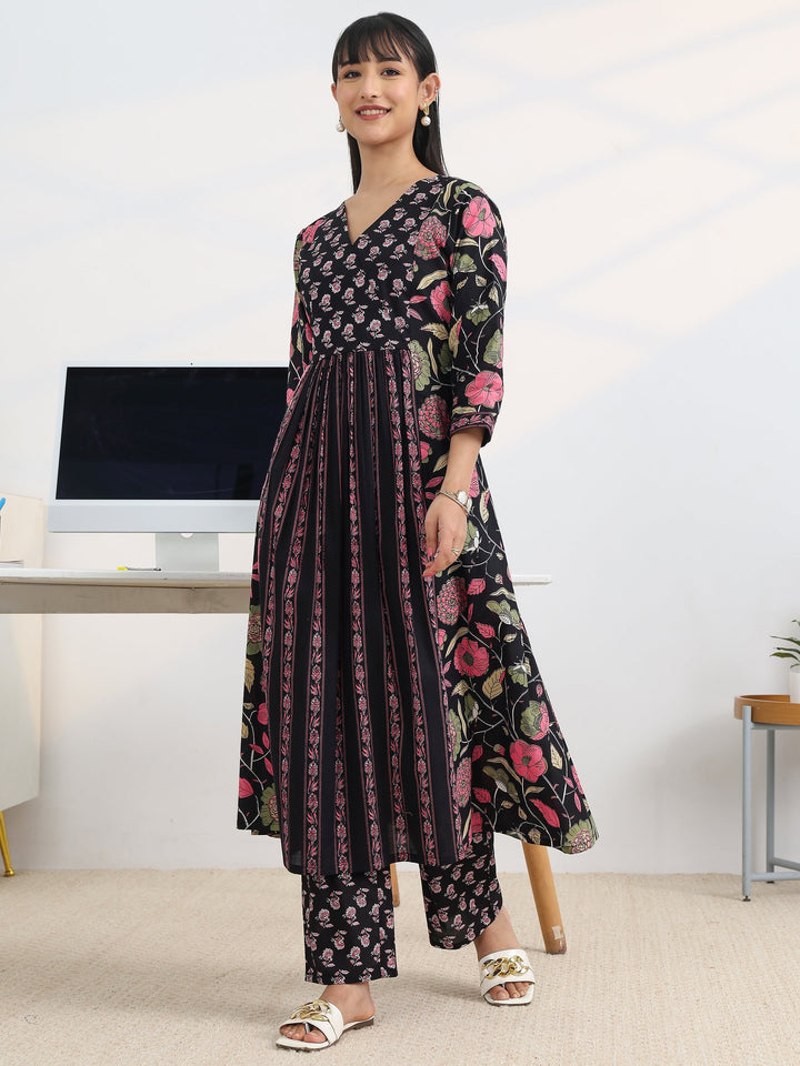 Black Printed Cotton Blend A-Line Suit Set With Dupatta