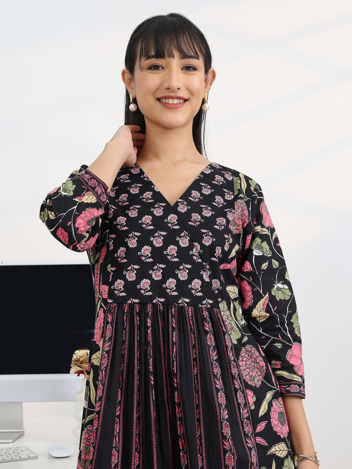 Black Printed Cotton Blend A-Line Suit Set With Dupatta