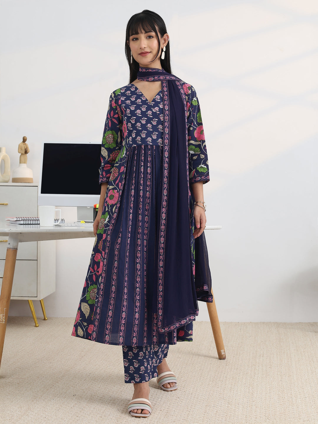 Blue Printed Cotton Blend A-Line Suit Set With Dupatta