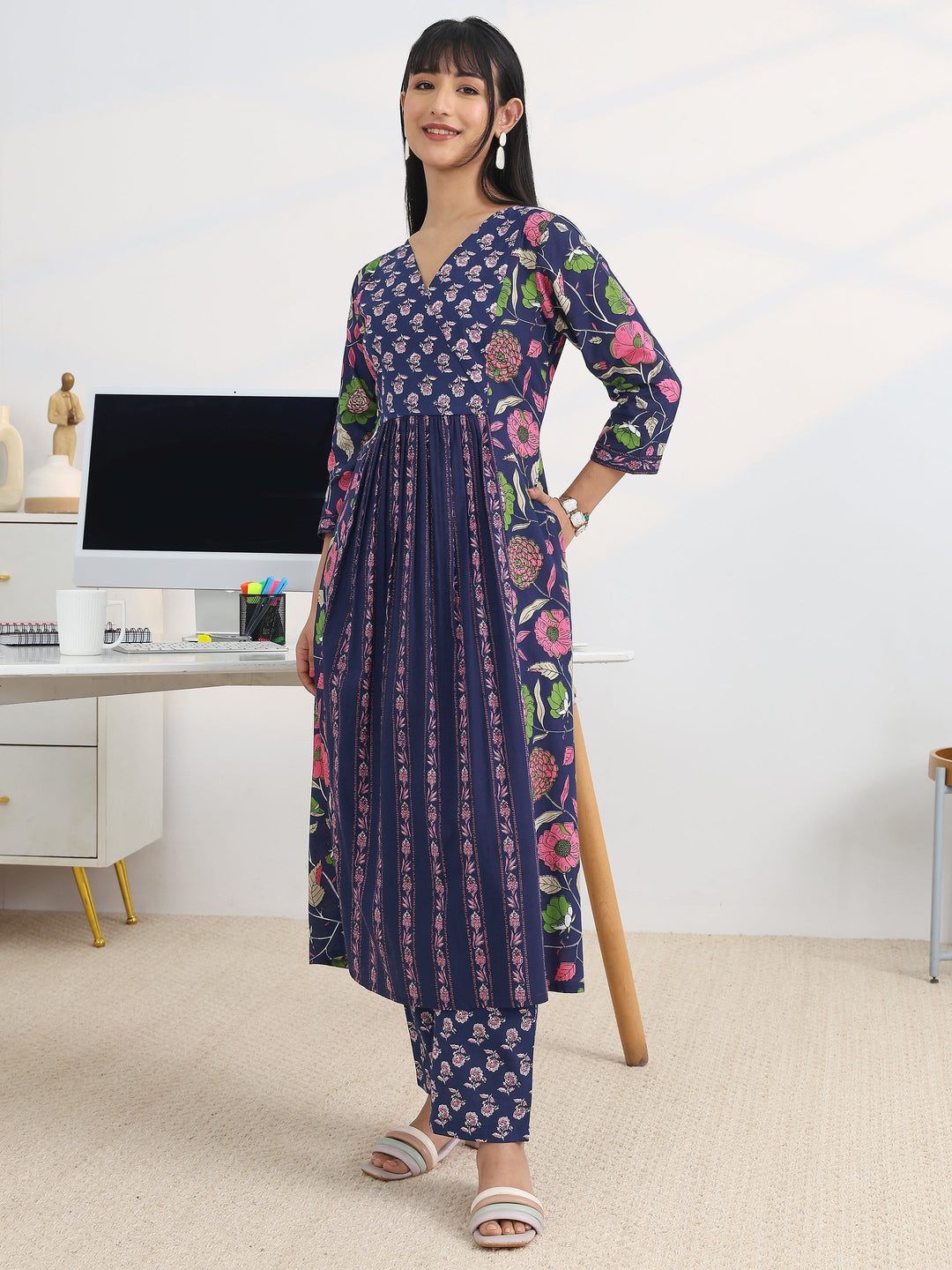 Blue Printed Cotton Blend A-Line Suit Set With Dupatta