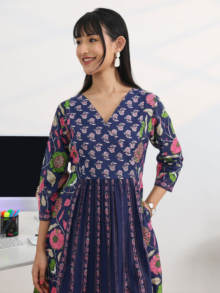 Blue Printed Cotton Blend A-Line Suit Set With Dupatta