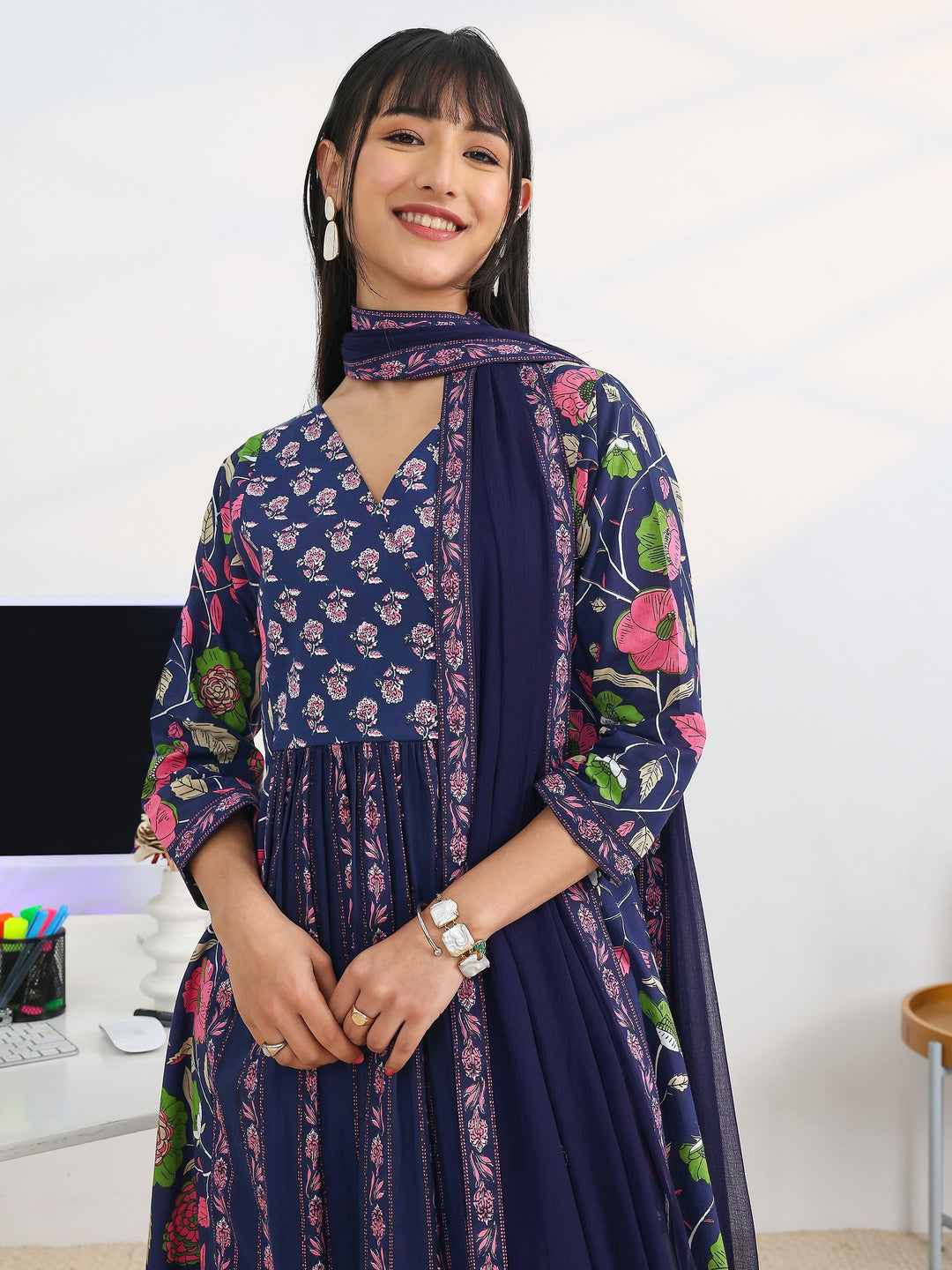 Blue Printed Cotton Blend A-Line Suit Set With Dupatta