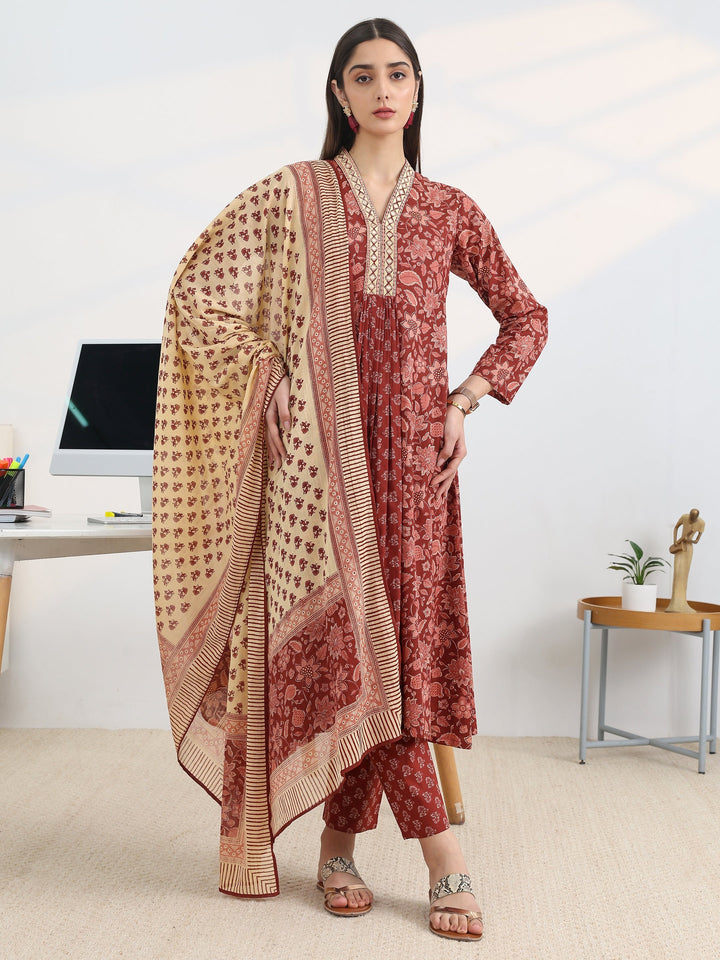 Rust Printed Cotton Blend A-Line Suit Set With Dupatta