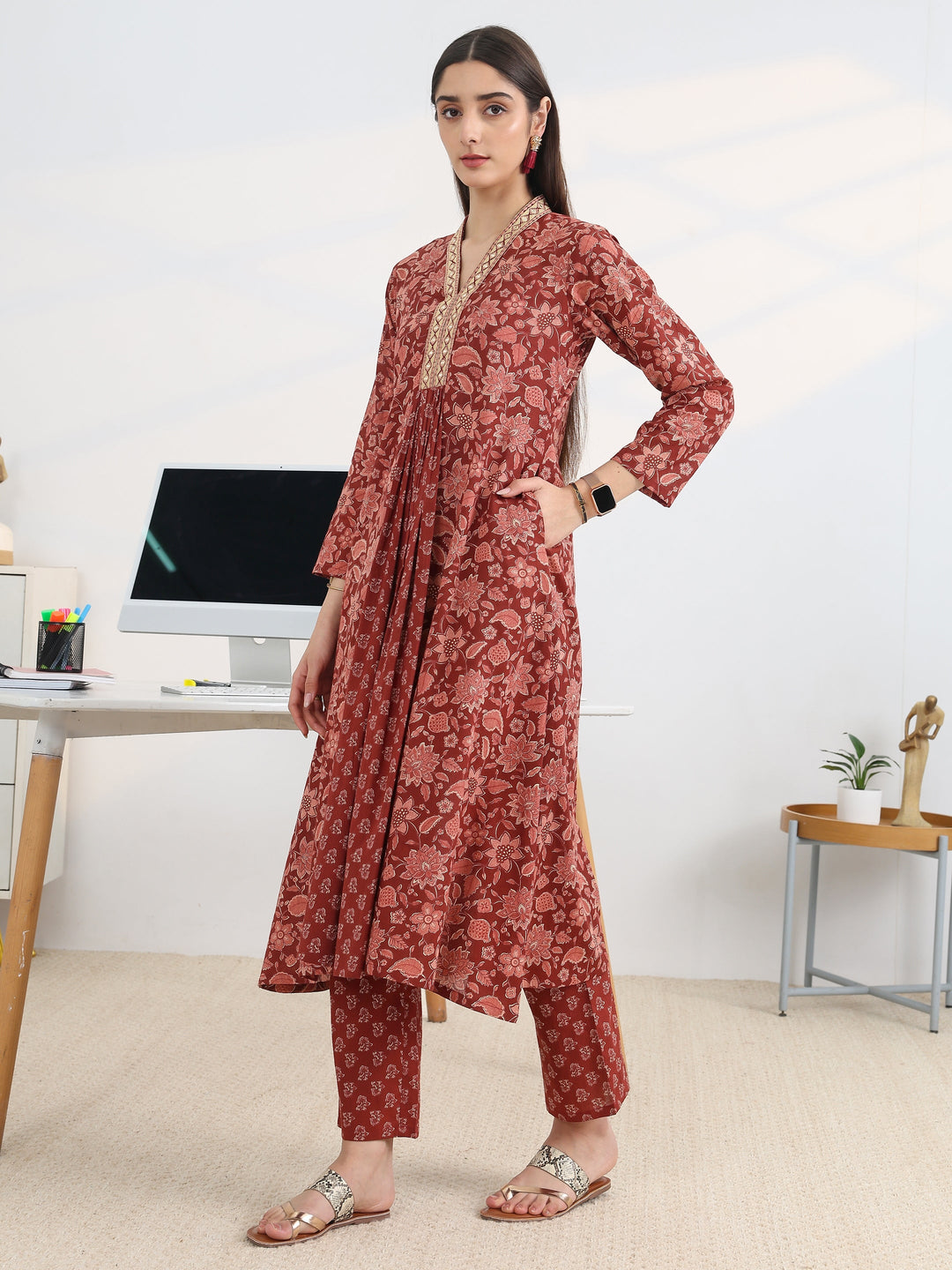 Rust Printed Cotton Blend A-Line Suit Set With Dupatta
