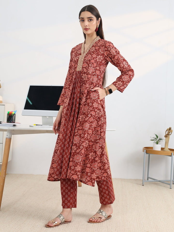Rust Printed Cotton Blend A-Line Suit Set With Dupatta