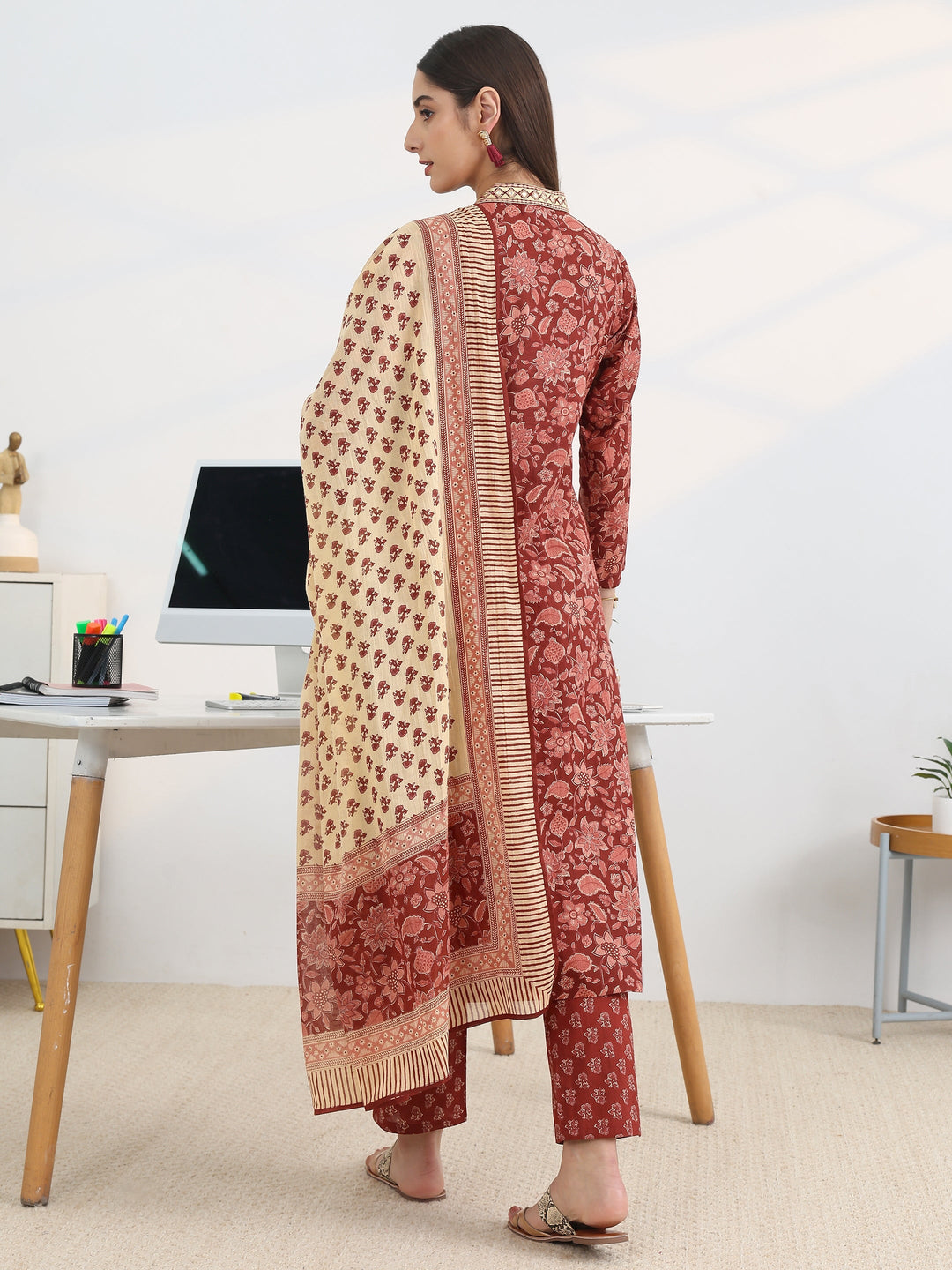 Rust Printed Cotton Blend A-Line Suit Set With Dupatta