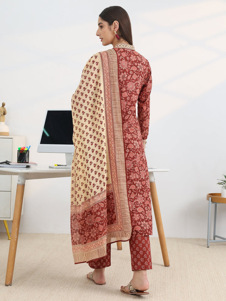 Rust Printed Cotton Blend A-Line Suit Set With Dupatta