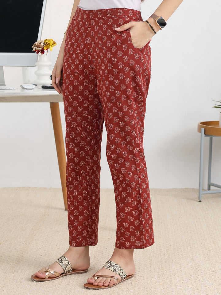Rust Printed Cotton Blend A-Line Suit Set With Dupatta
