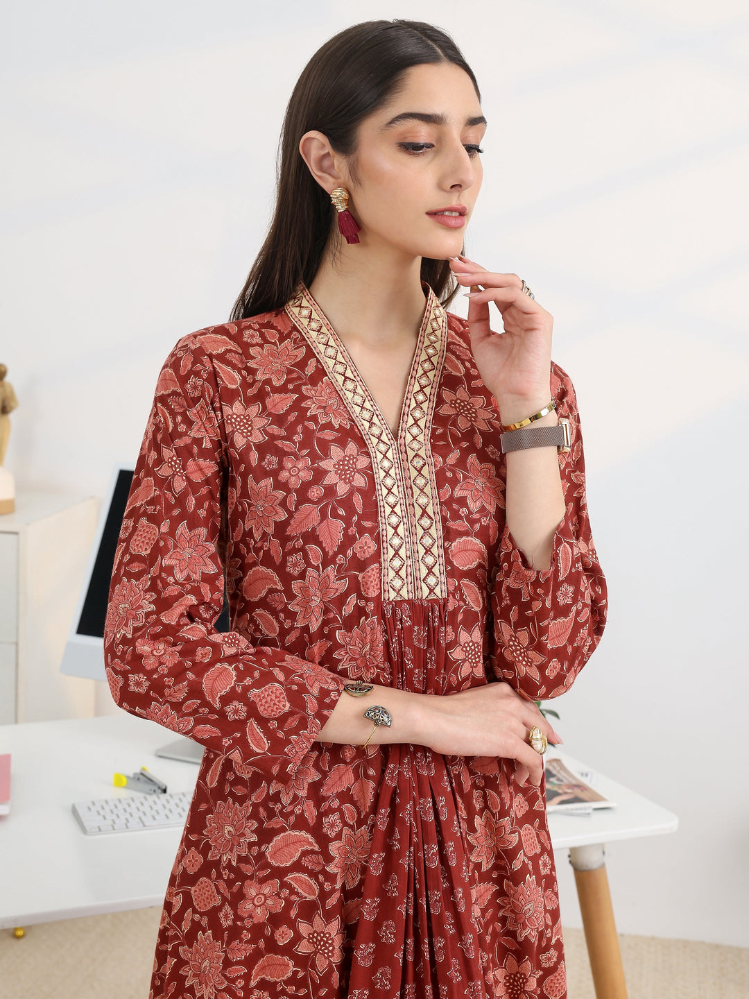 Rust Printed Cotton Blend A-Line Suit Set With Dupatta