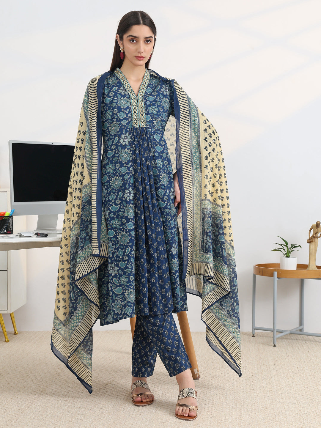 Blue Printed Cotton Blend A-Line Suit Set With Dupatta