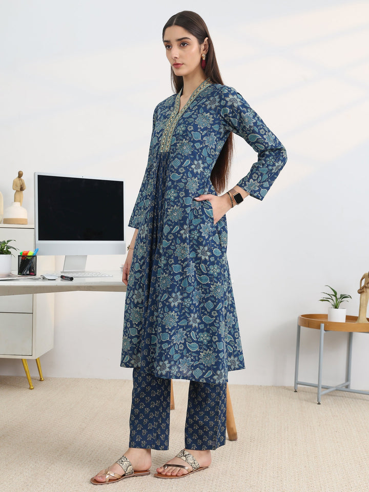 Blue Printed Cotton Blend A-Line Suit Set With Dupatta