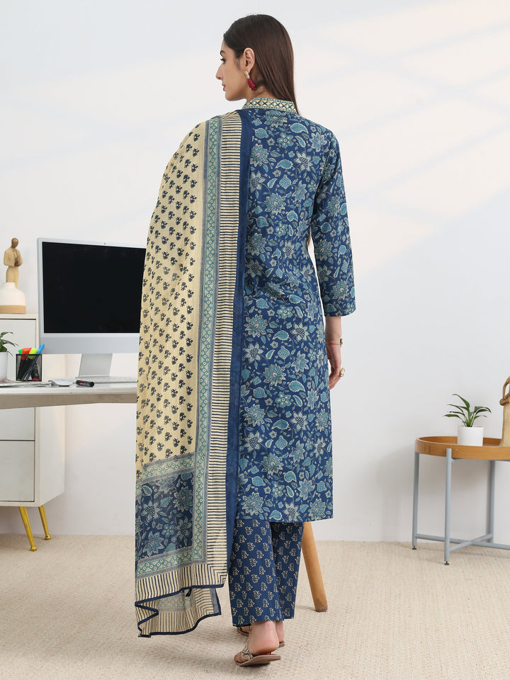 Blue Printed Cotton Blend A-Line Suit Set With Dupatta