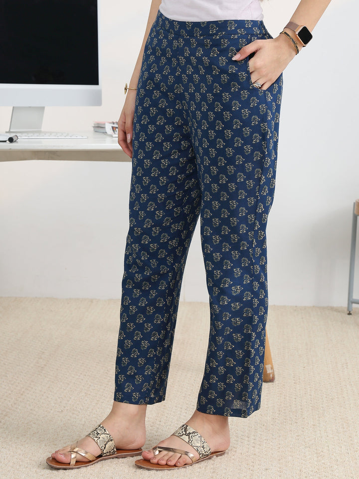 Blue Printed Cotton Blend A-Line Suit Set With Dupatta