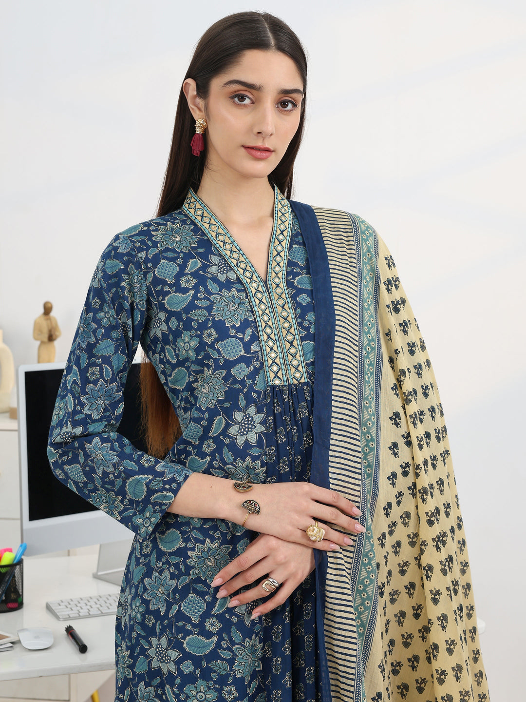 Blue Printed Cotton Blend A-Line Suit Set With Dupatta