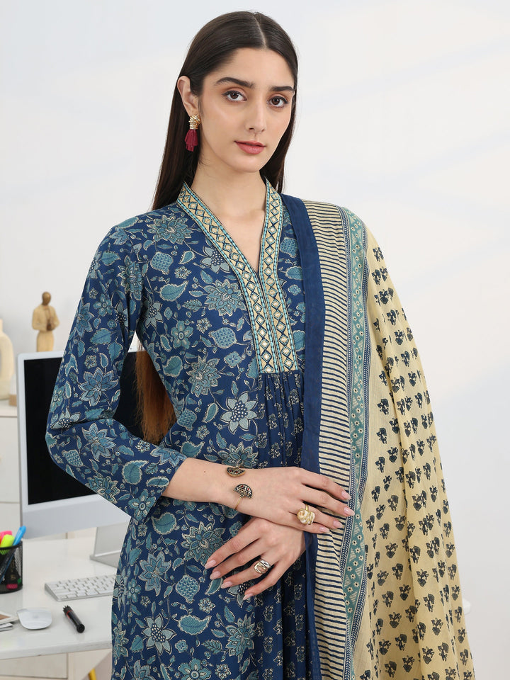 Blue Printed Cotton Blend A-Line Suit Set With Dupatta