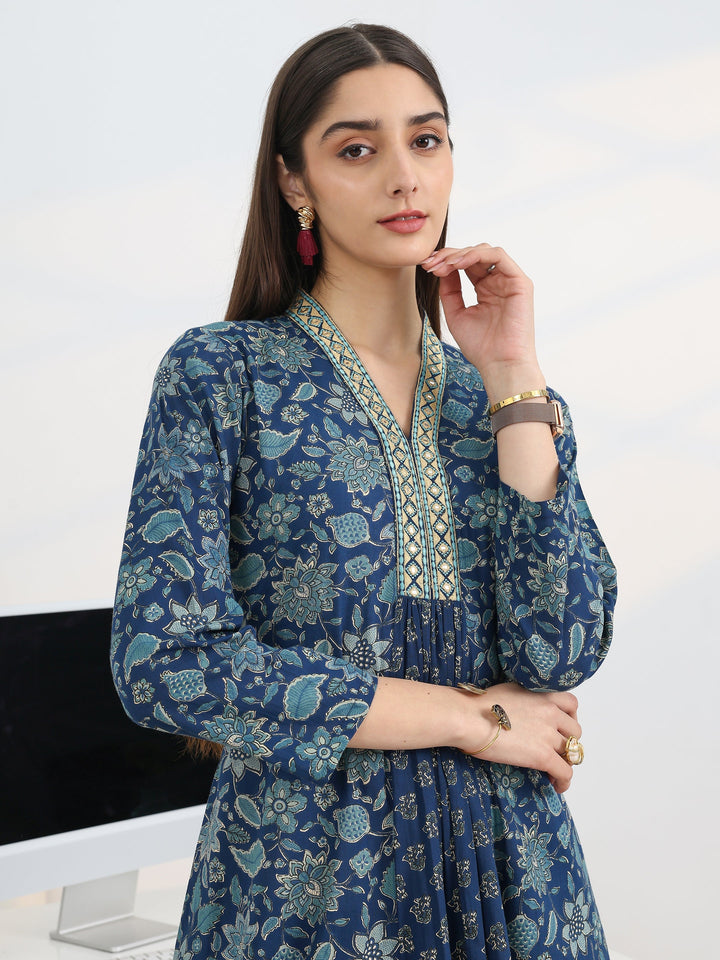Blue Printed Cotton Blend A-Line Suit Set With Dupatta