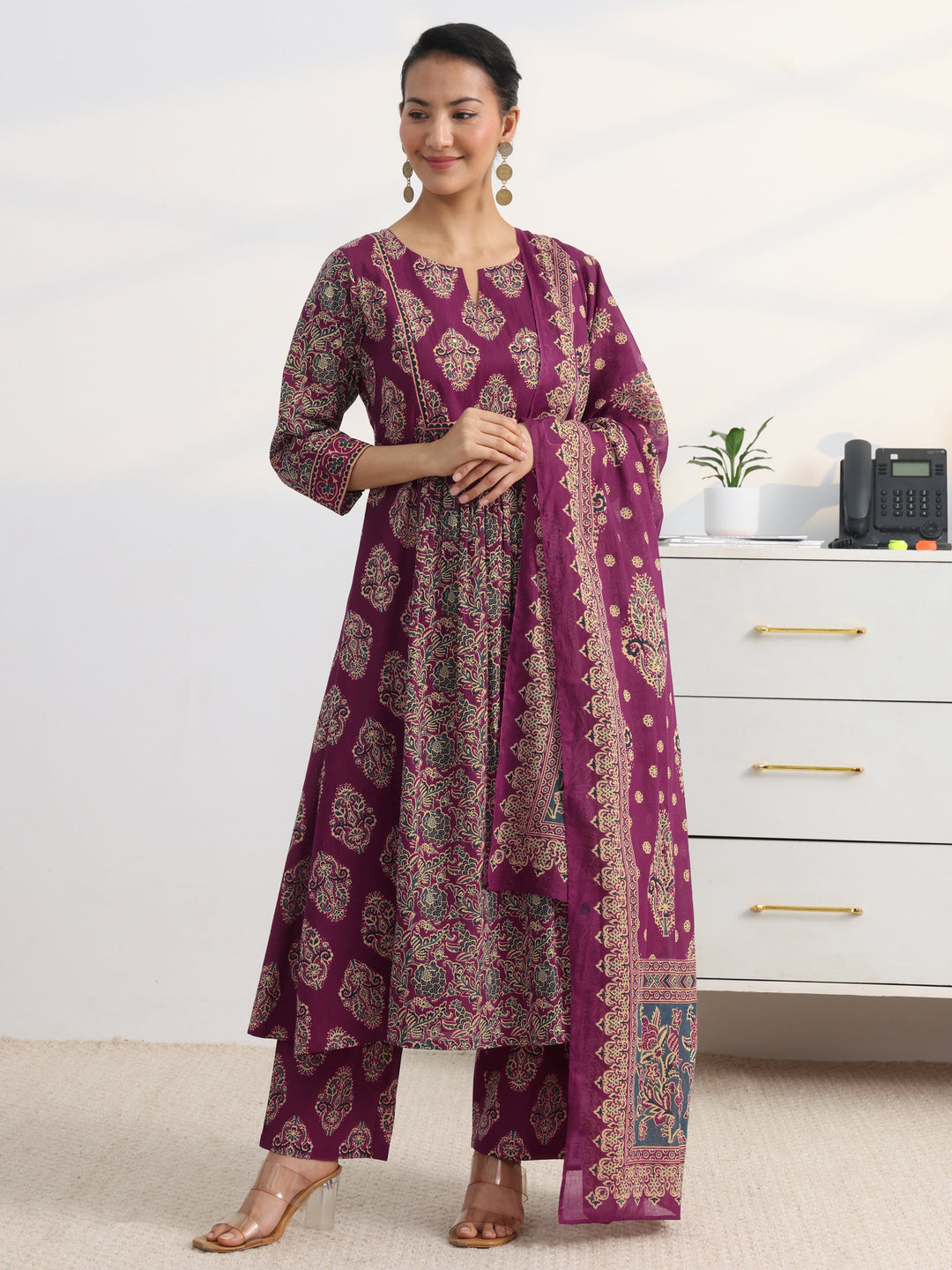 Burgundy Floral Printed Cotton Blend A-Line Suit Set With Dupatta