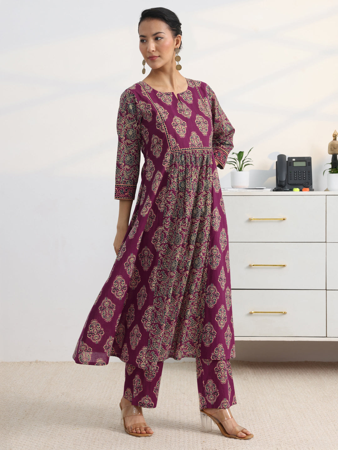 Burgundy Floral Printed Cotton Blend A-Line Suit Set With Dupatta