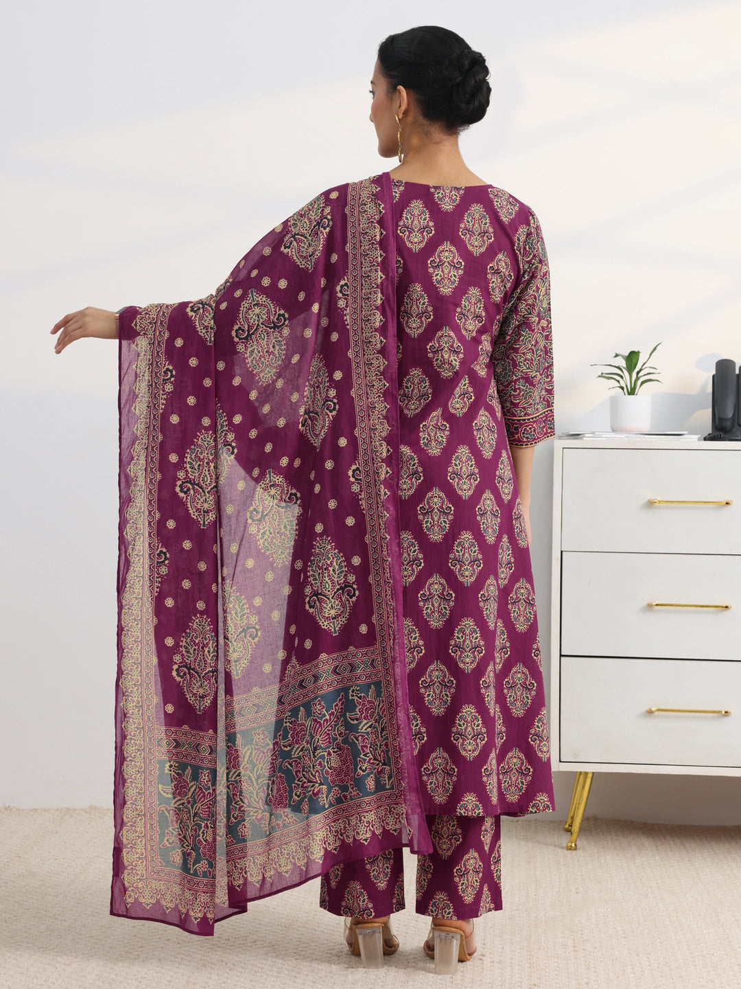 Burgundy Floral Printed Cotton Blend A-Line Suit Set With Dupatta