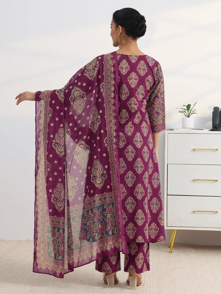 Burgundy Floral Printed Cotton Blend A-Line Suit Set With Dupatta