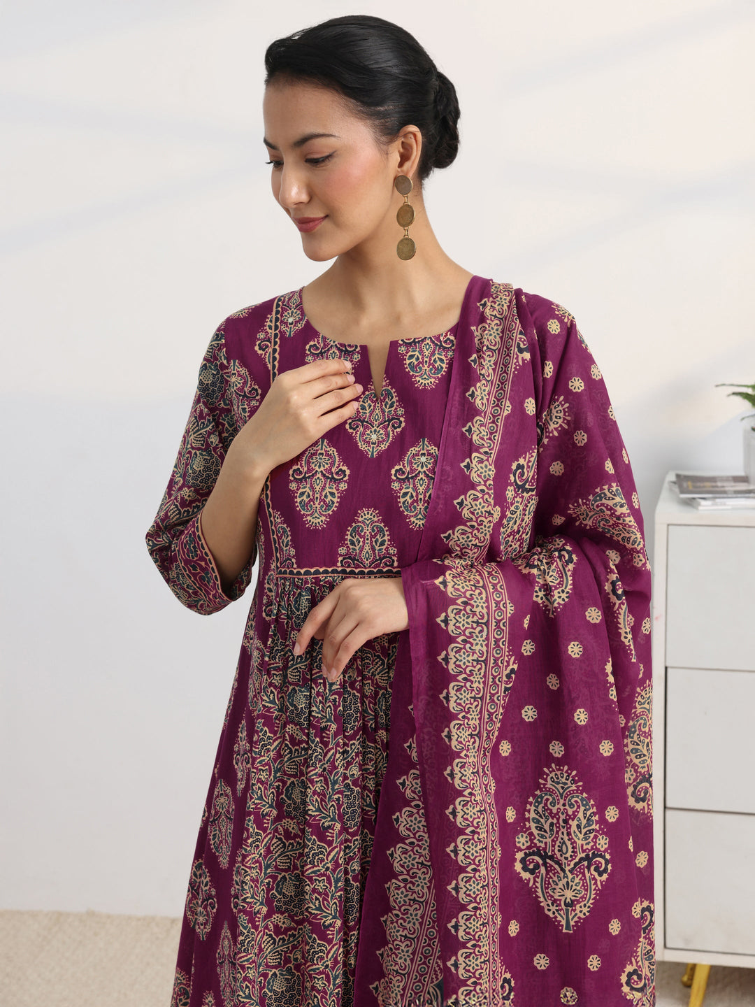 Burgundy Floral Printed Cotton Blend A-Line Suit Set With Dupatta