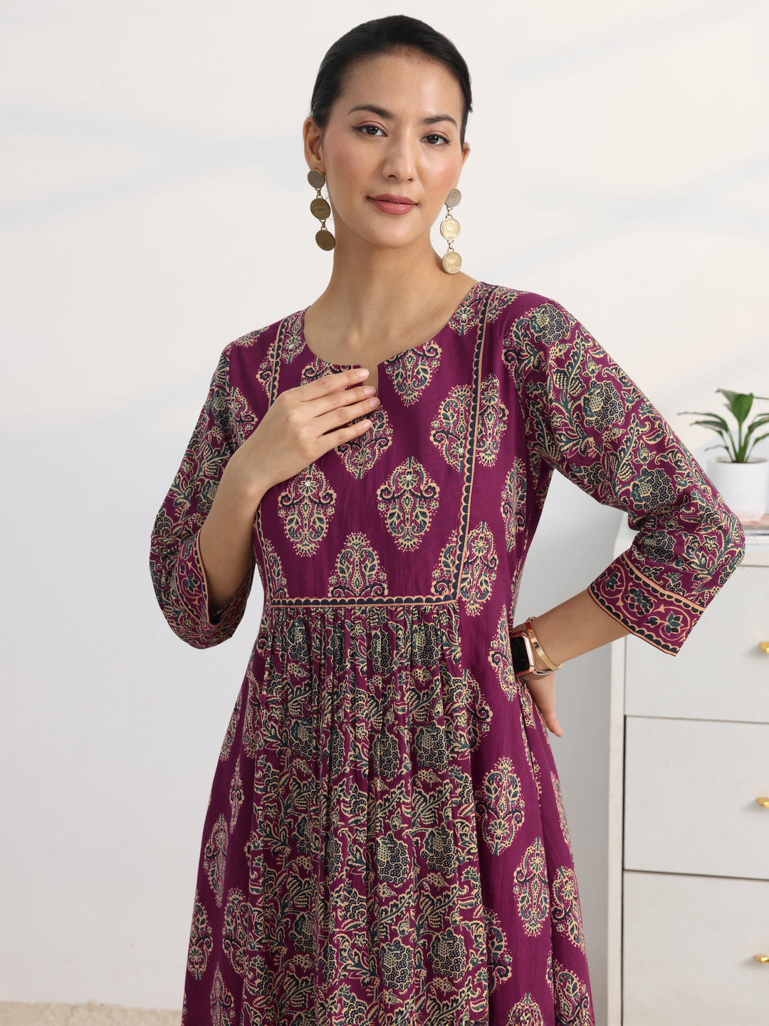 Burgundy Floral Printed Cotton Blend A-Line Suit Set With Dupatta