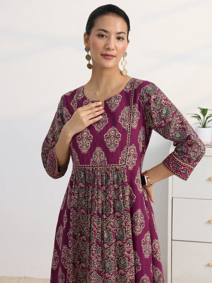 Burgundy Floral Printed Cotton Blend A-Line Suit Set With Dupatta