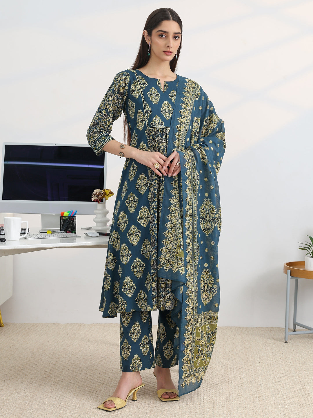 Blue Printed Cotton Blend A-Line Suit Set With Dupatta