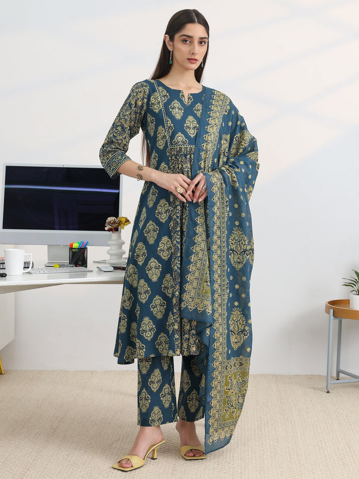Blue Printed Cotton Blend A-Line Suit Set With Dupatta