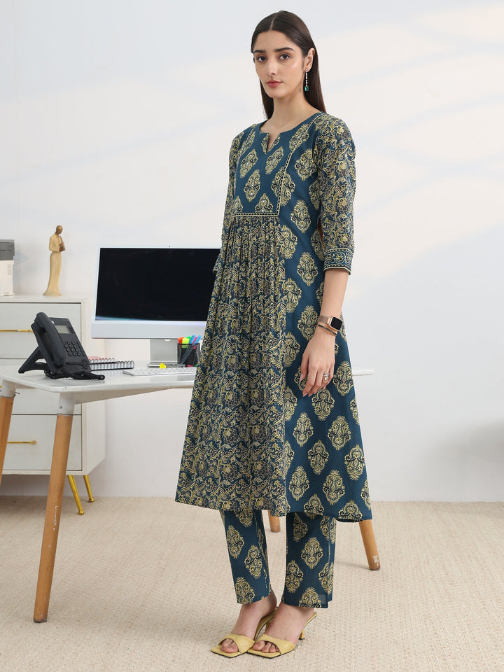 Blue Printed Cotton Blend A-Line Suit Set With Dupatta