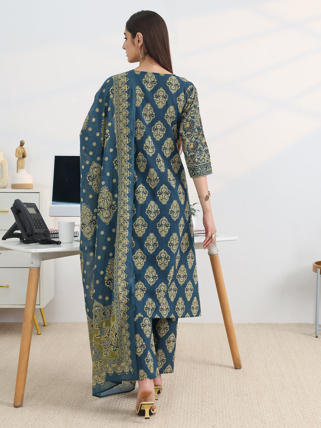 Blue Printed Cotton Blend A-Line Suit Set With Dupatta