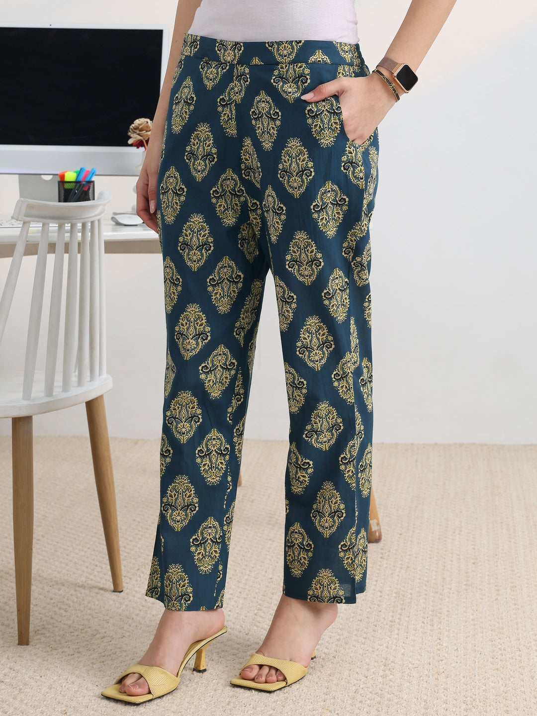 Blue Printed Cotton Blend A-Line Suit Set With Dupatta
