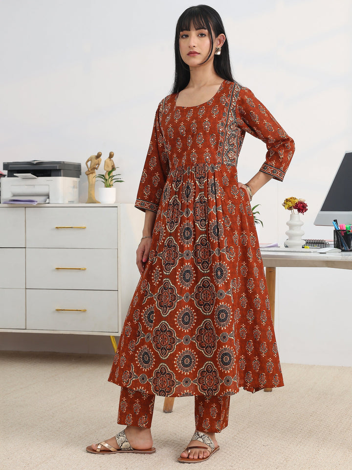 Rust Printed Cotton Blend A-Line Suit Set With Dupatta