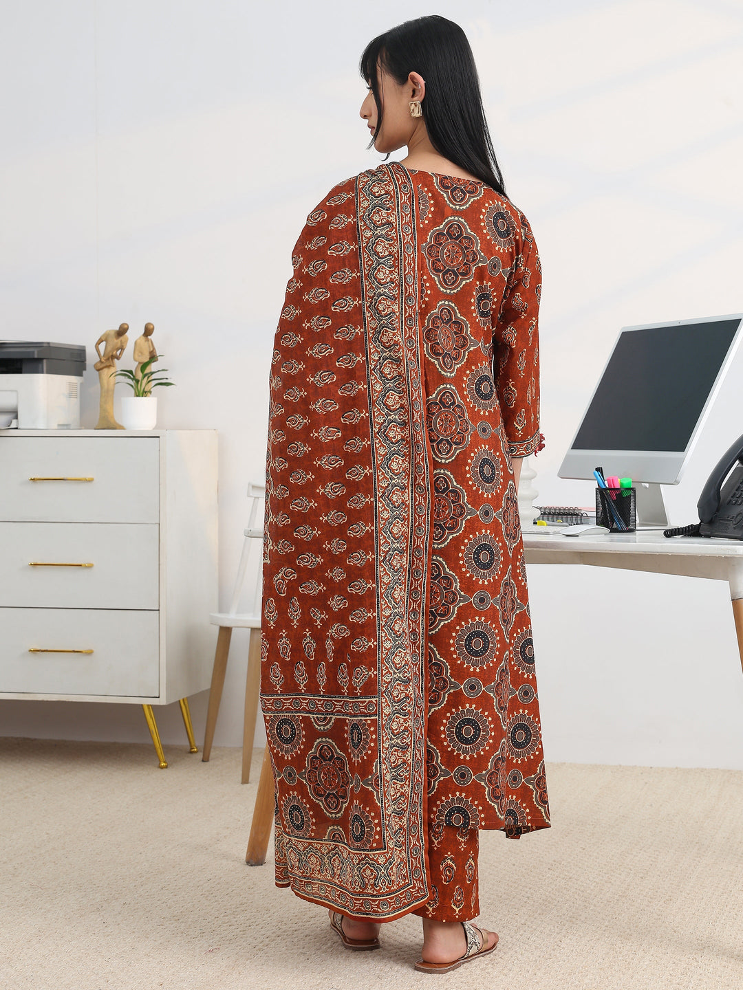 Rust Printed Cotton Blend A-Line Suit Set With Dupatta