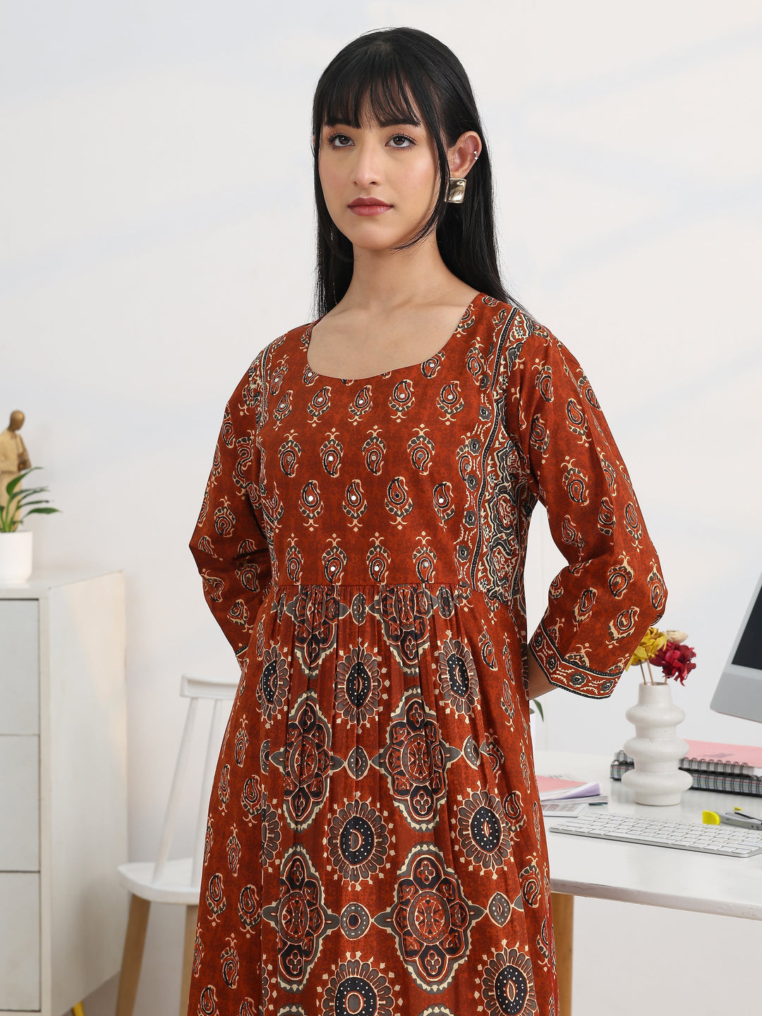 Rust Printed Cotton Blend A-Line Suit Set With Dupatta