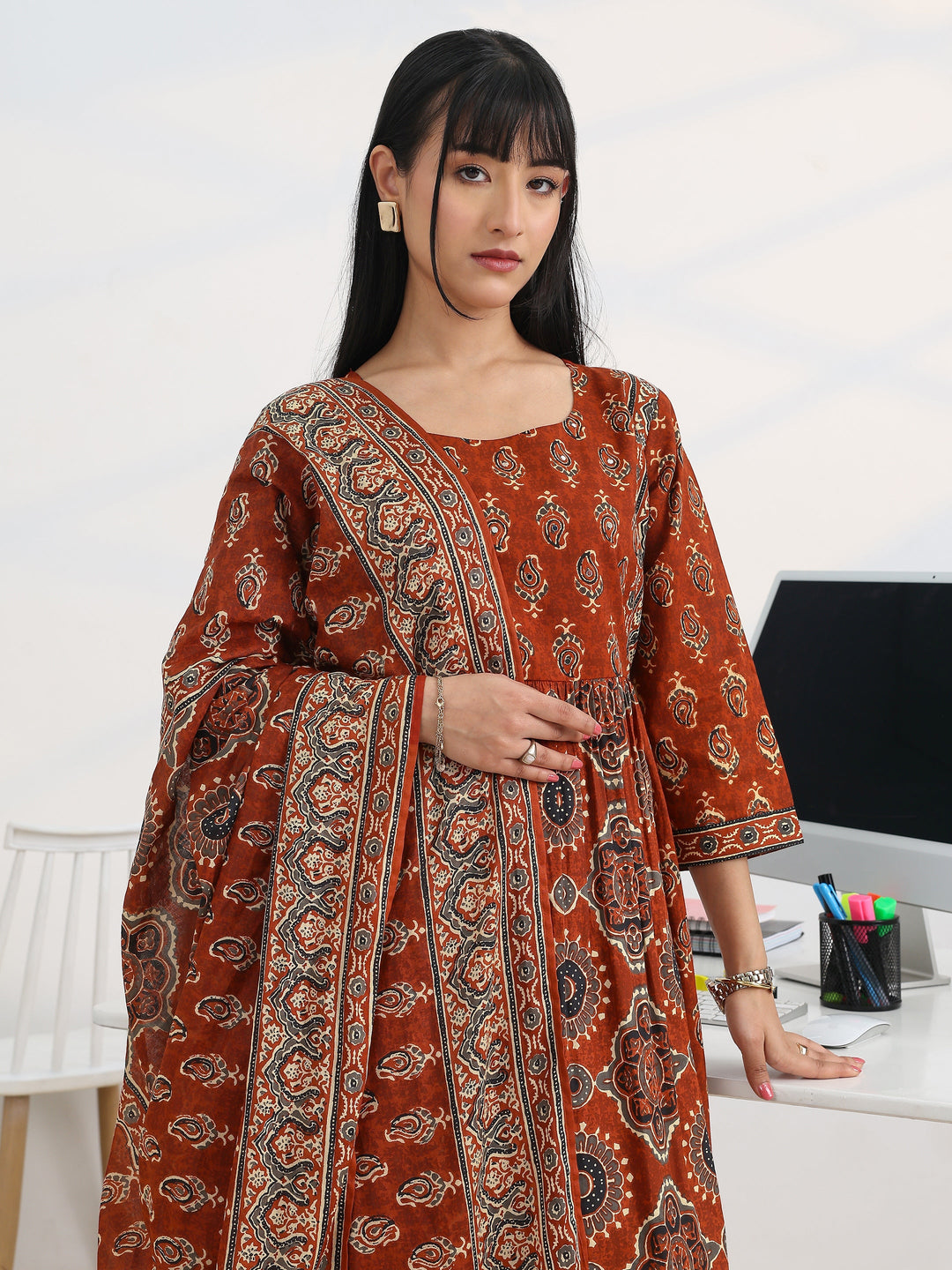 Rust Printed Cotton Blend A-Line Suit Set With Dupatta