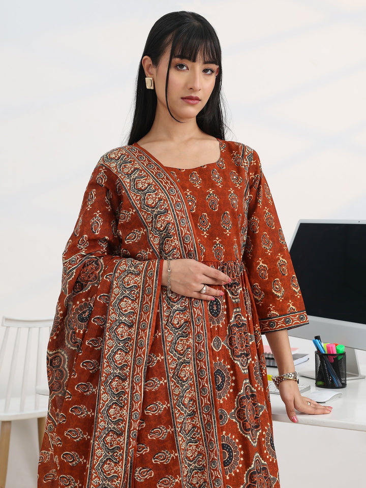 Rust Printed Cotton Blend A-Line Suit Set With Dupatta