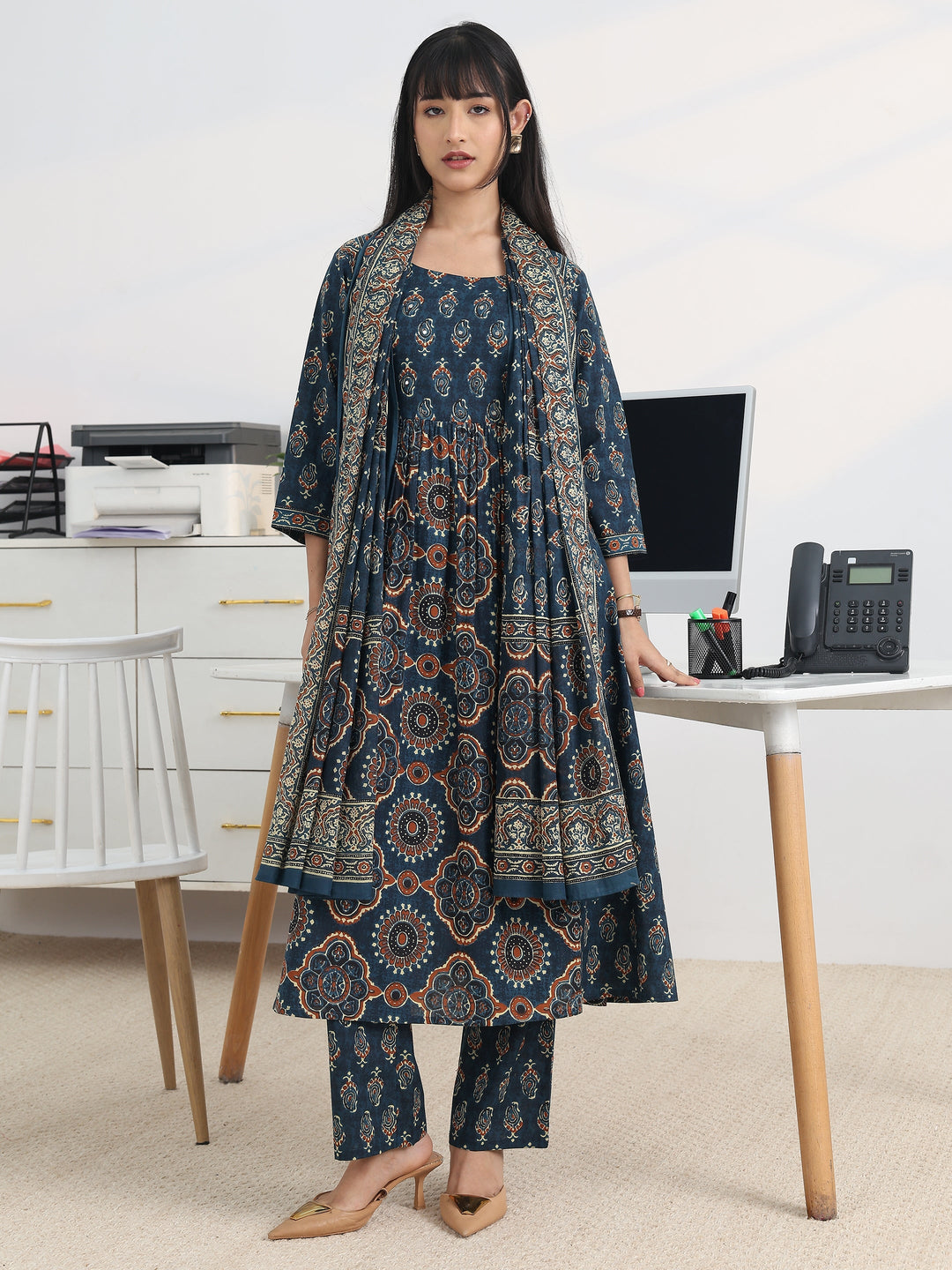 Blue Printed Cotton Blend A-Line Suit Set With Dupatta
