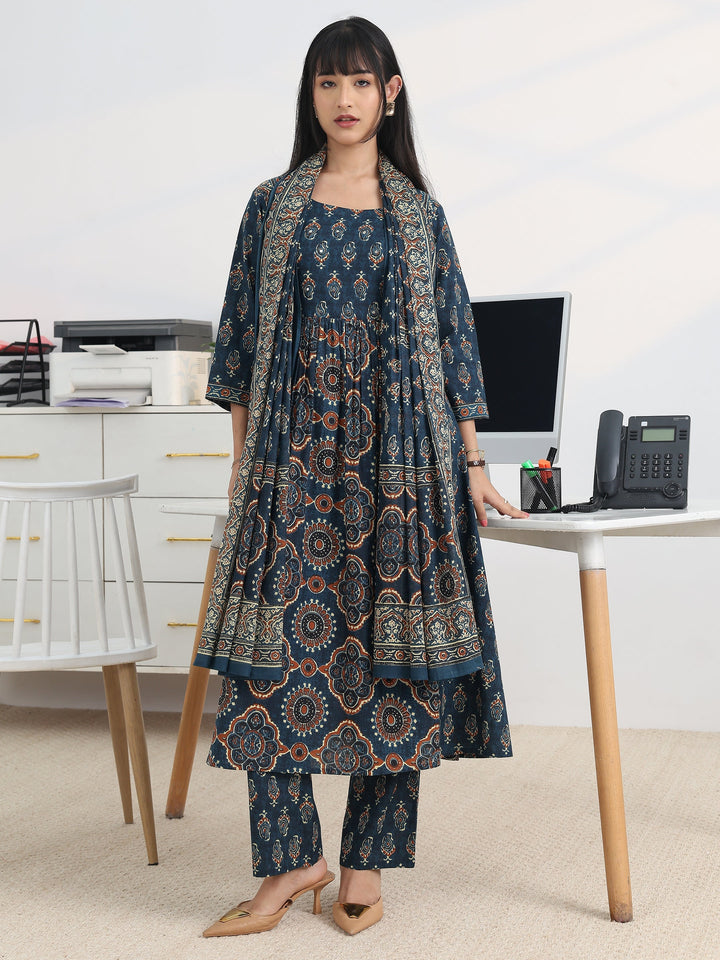 Blue Printed Cotton Blend A-Line Suit Set With Dupatta