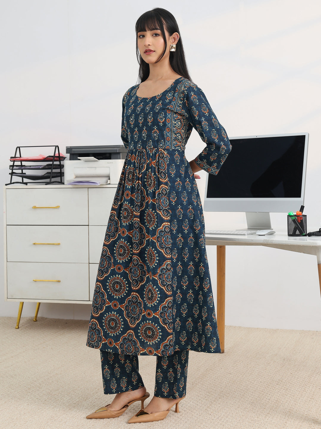 Blue Printed Cotton Blend A-Line Suit Set With Dupatta