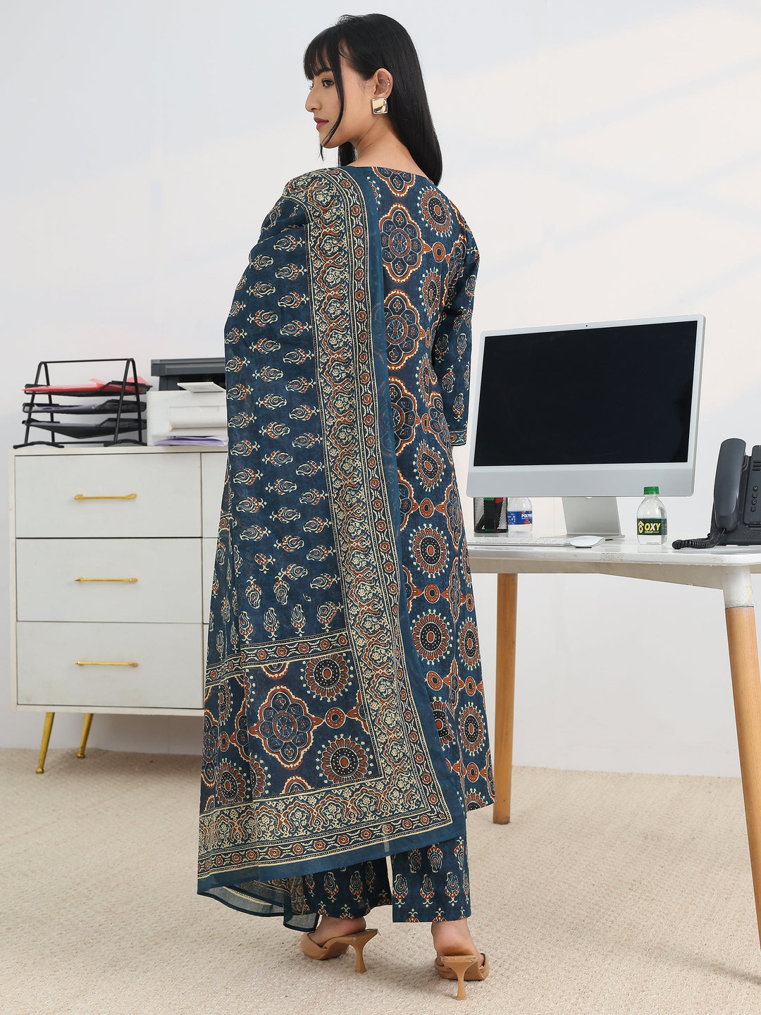 Blue Printed Cotton Blend A-Line Suit Set With Dupatta