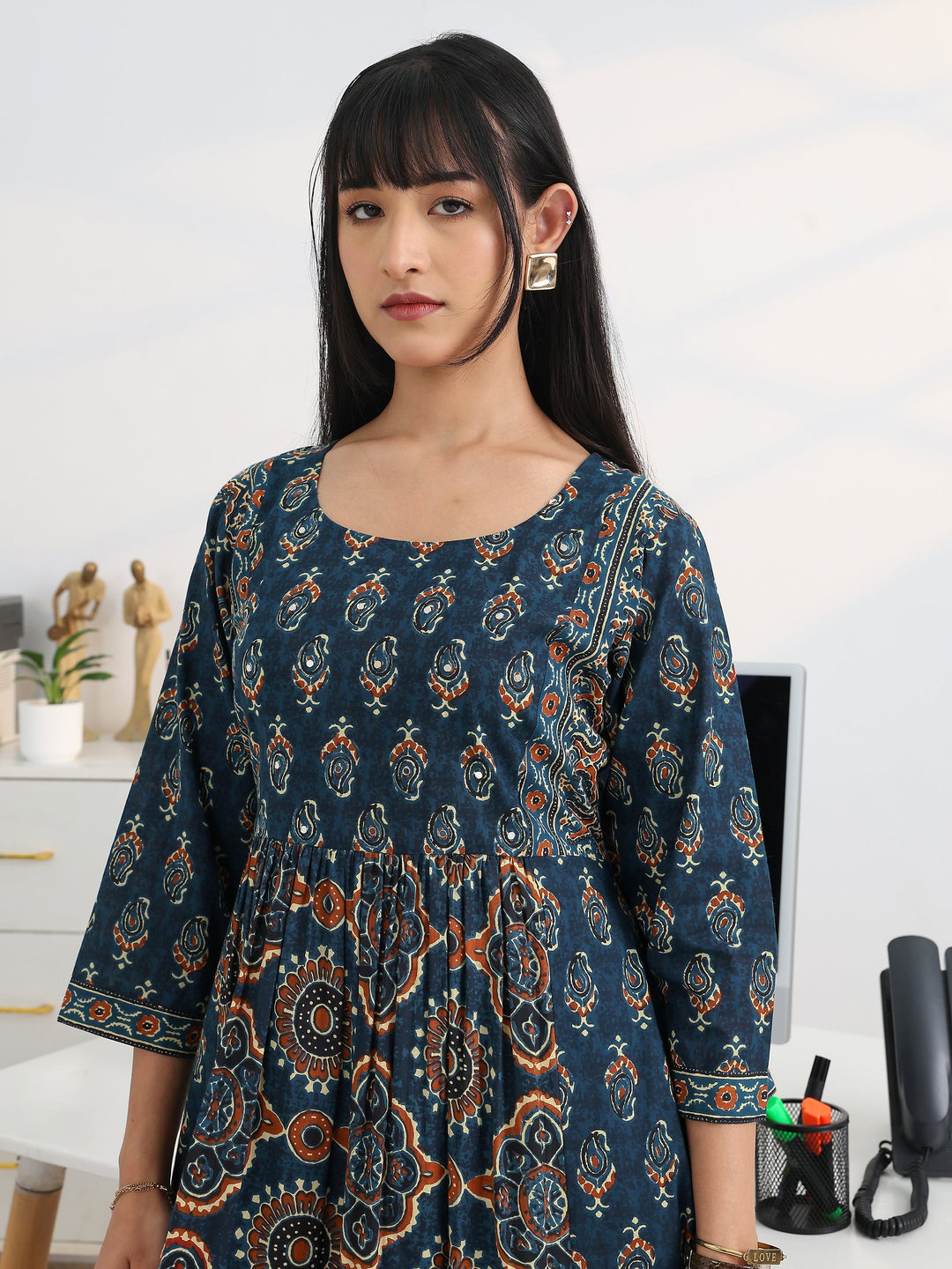 Blue Printed Cotton Blend A-Line Suit Set With Dupatta