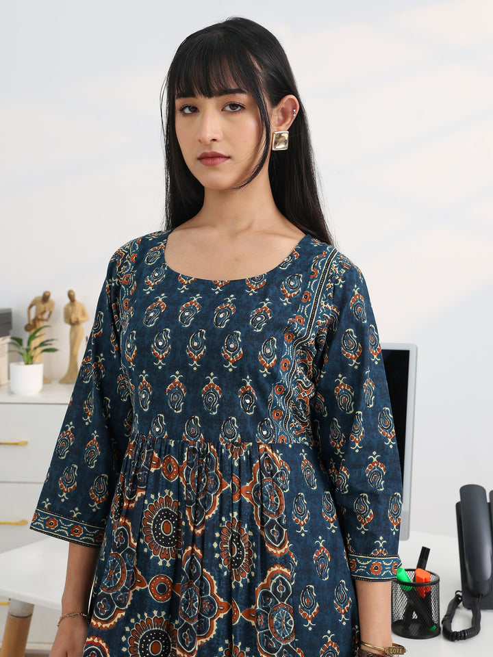 Blue Printed Cotton Blend A-Line Suit Set With Dupatta