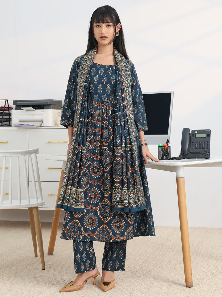 Blue Printed Cotton Blend A-Line Suit Set With Dupatta