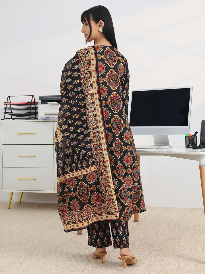 Black Printed Cotton Blend A-Line Suit Set With Dupatta