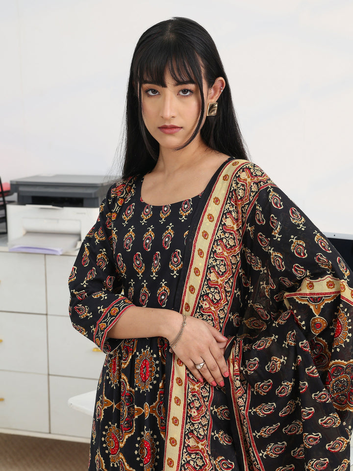 Black Printed Cotton Blend A-Line Suit Set With Dupatta